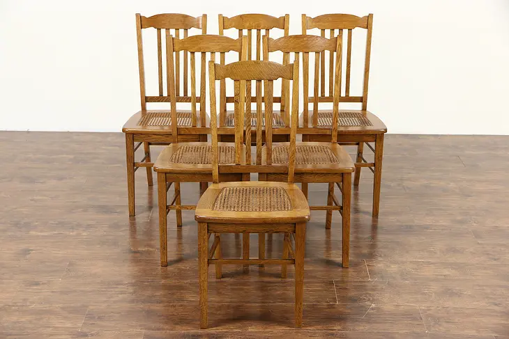 Set of 6 Oak Antique 1915 Dining Chairs, Caned Seats