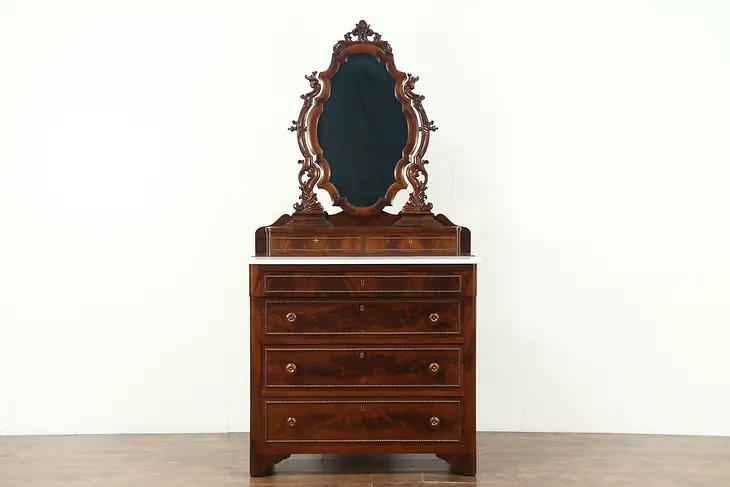 Victorian 1850's Antique Chest or Dresser, Carved Mahogany, Mirror, Marble Top #25779