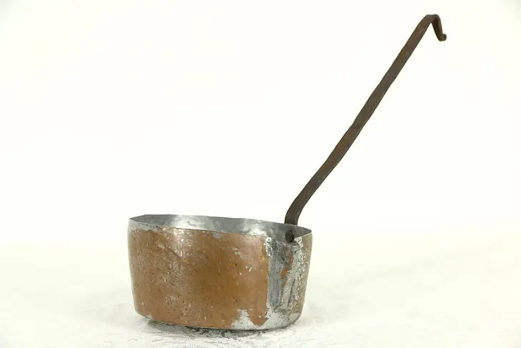 Turkish Hand Wrought Copper Ladle Kettle, Iron Handle