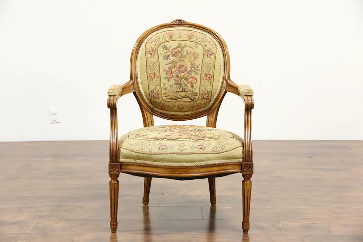 French 1930's Vintage Carved Beech Chair, Needlepoint Upholstery