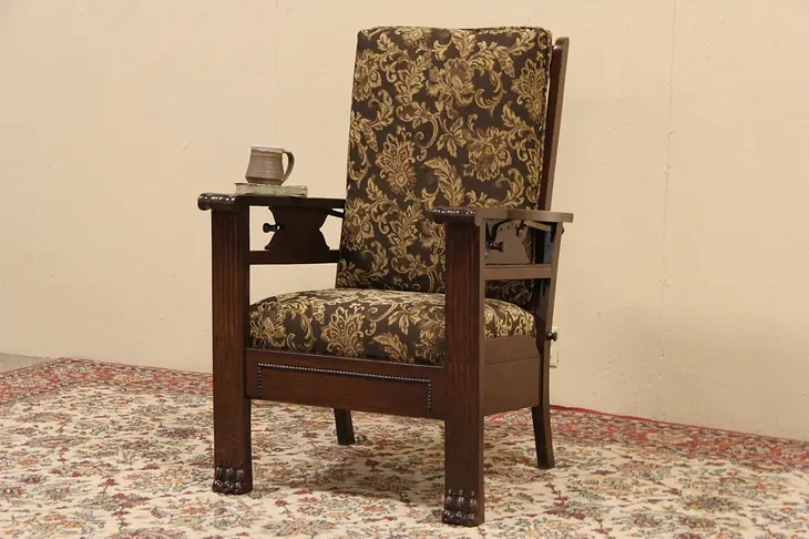 Morris Chair, 1900 Antique Oak Adjustable Recliner, Brown Upholstery