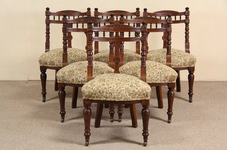 Set of 6 English Victorian 1870's Antique Dining Chairs, New Upholstery