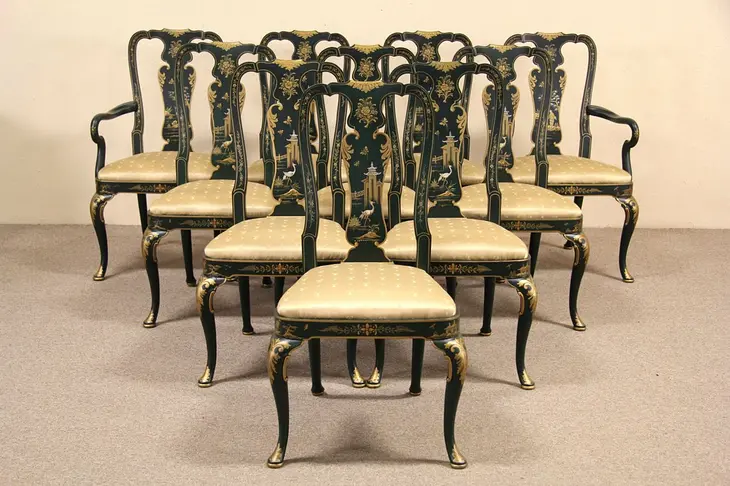 Set of 10 Hand Painted Georgian Chinoiserie Style Vintage Dining Chairs