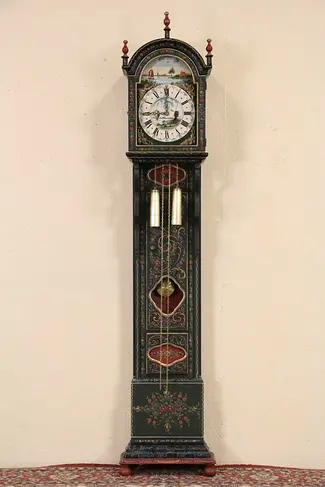 Dutch Hand Painted Folk Art Vintage Grandfather Clock, Hermle Movement