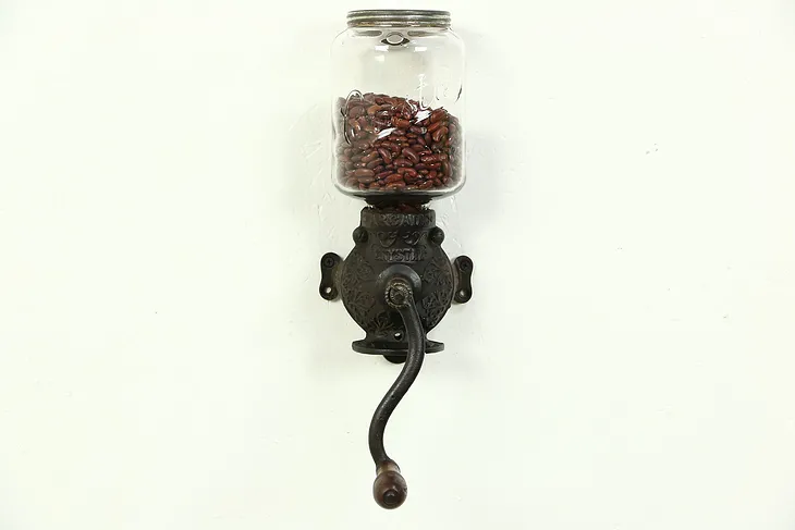 Arcade Crystal No. 3 Signed Wall Mount Coffee Grinder, Original Glass Jar