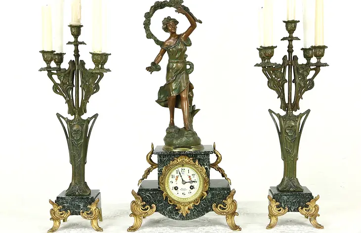 French Antique 1890's Signed Mantel Clock Set, Marble, Sculpture & Candelabra