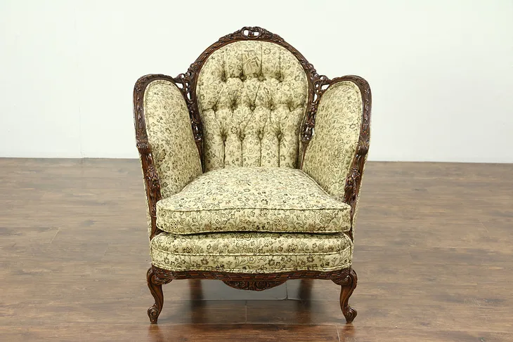 French Style Carved 1930's Vintage Chair, New Tufted Upholstery