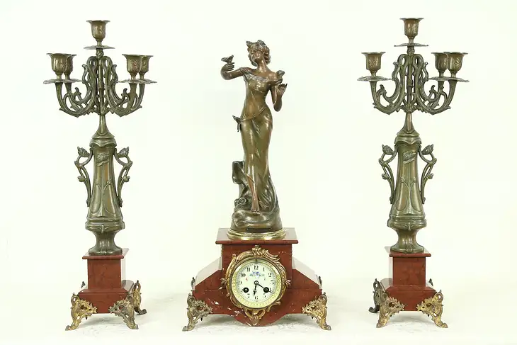 Art Nouveau Antique 3 Pc Marble Mantel Clock Set, Signed Causse Cadet #28607