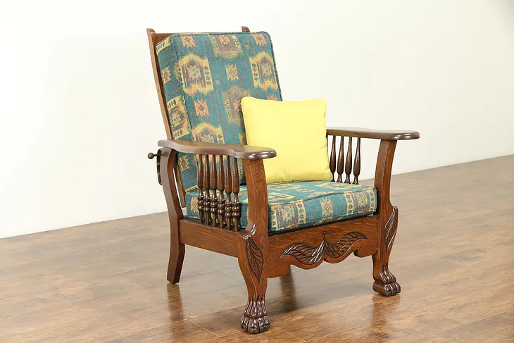 Oak Antique 1900 Morris Recliner Chair, Lion Paws, New Upholstery #31044