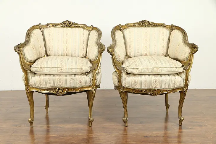 Pair of French Rococo Antique 1900 Carved & Gilt Chairs, Down Cushions #31227