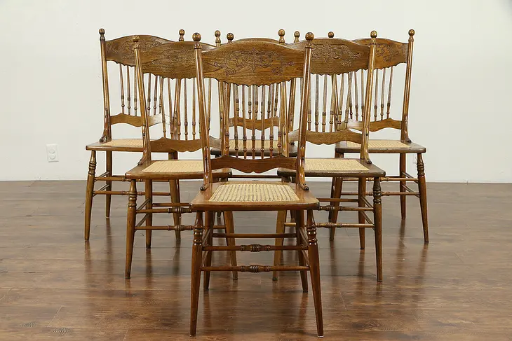 Victorian Set of 6 Antique Pressback Carved Elm & Oak Dining Chairs #31285
