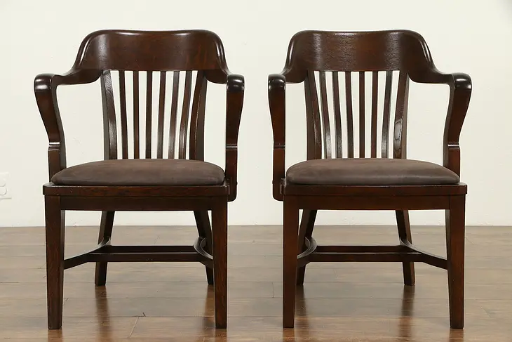 Pair 1910 Antique Oak Banker, Library or Office Chairs, Leather Seats #31821