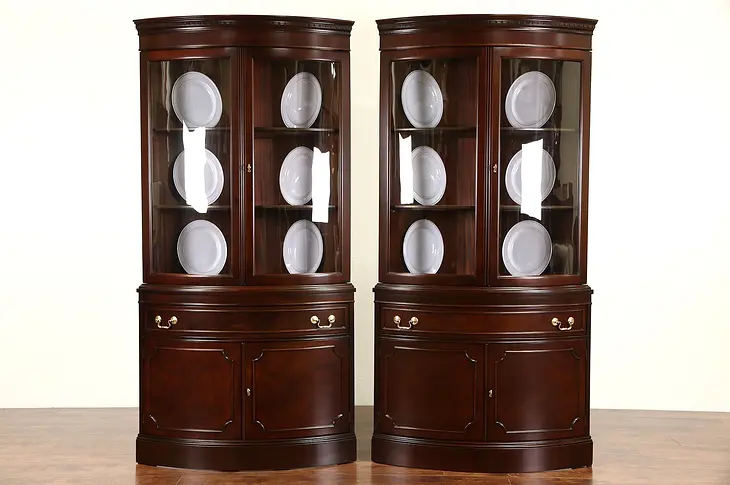 Pair of Georgian Design Vintage Mahogany Curved Glass Corner Cabinets