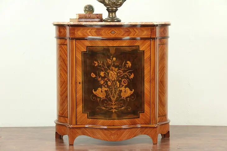 Marble Top Vintage Tulipwood & Rosewood Marquetry Console Cabinet #29073
