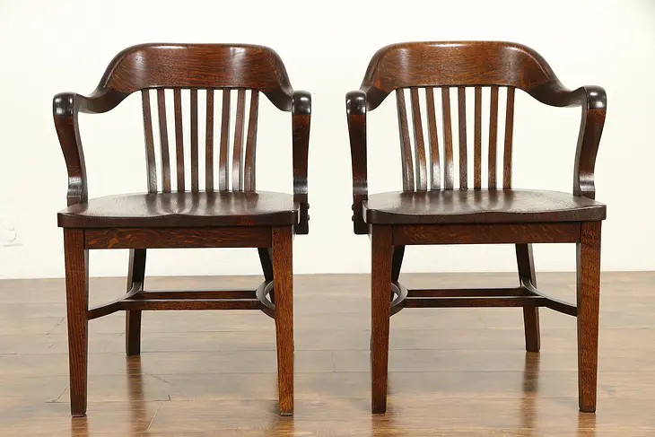 Pair of Antique Quarter Sawn Oak Banker, Office or Library Chairs, Klode #32155