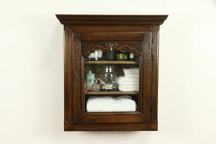 Country French Carved Oak Antique Medicine Cabinet, Hanging Cupboard #32195