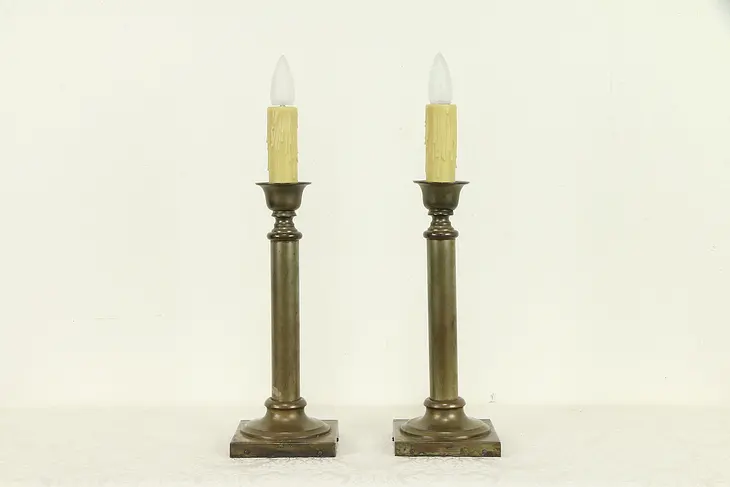 Pair of Antique Brass Candlestick Lamps, Beeswax Candles #32201
