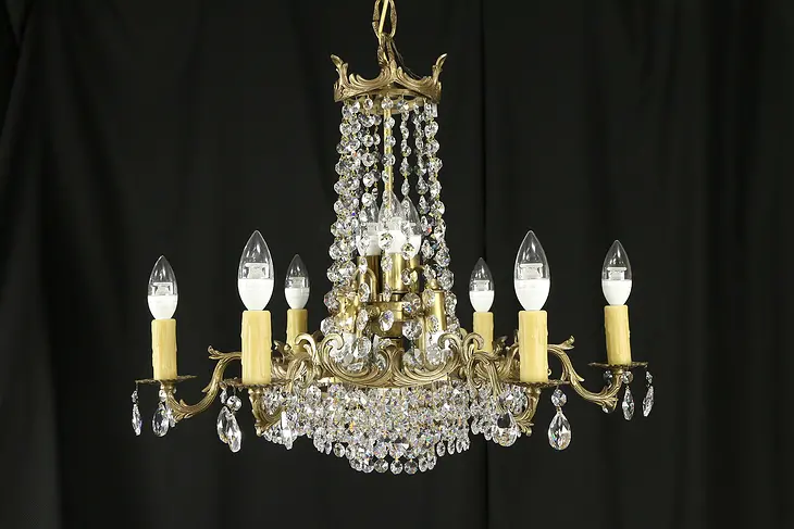Regency Style Vintage 6 Candle Chandelier, Strass Crystal Prisms #32216