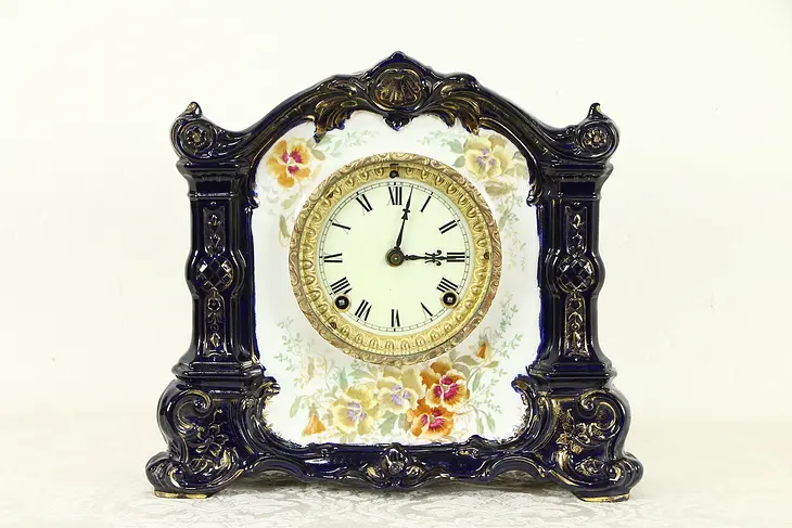 Victorian Antique Cobalt Blue China Clock, Royal Bonn, Ansonia, NY #32271