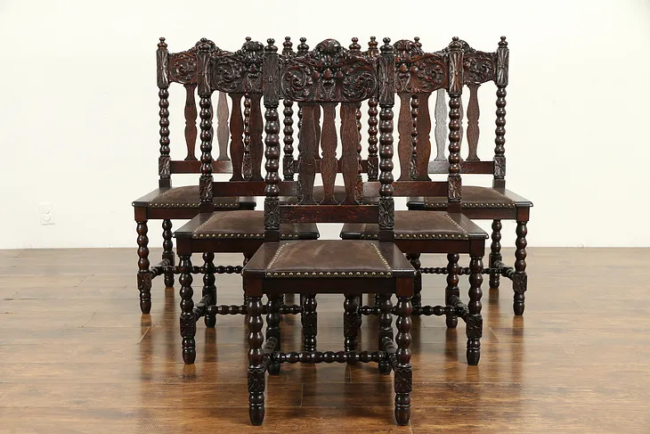 Set of 6 Antique Oak Dining Chairs, New Leather, North Wind Face Carving #32297