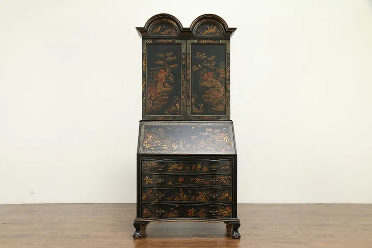 Hand Painted Lacquer Chinese Style Antique Secretary Desk & Bookcase #32311
