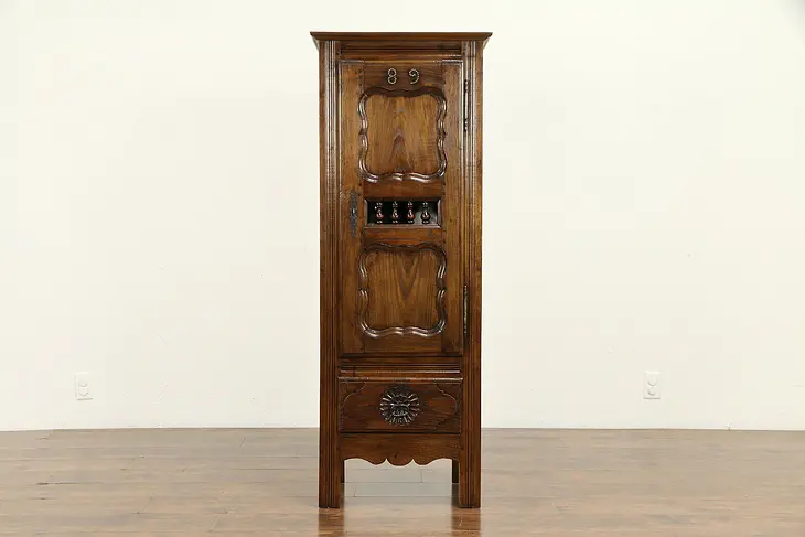 French Antique Carved Chestnut Bath or Pantry Cabinet, Armoire 1889 #32329