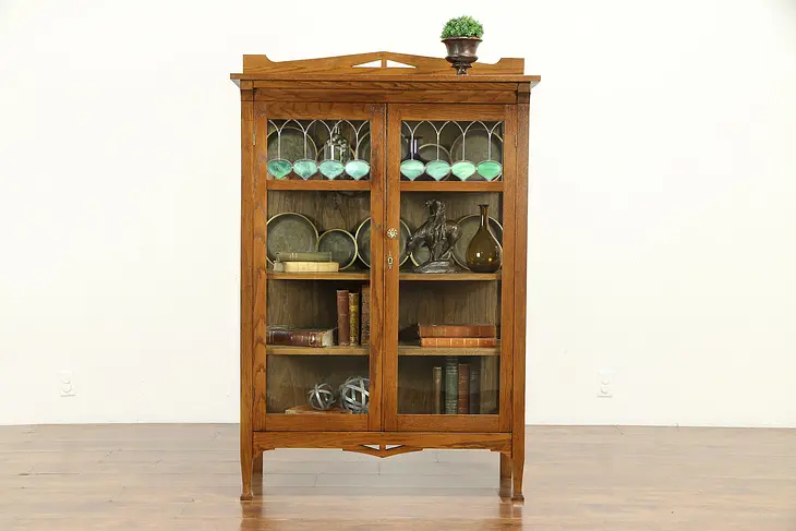 Arts & Crafts Mission Oak Bookcase Craftsman China Cabinet, Leaded Glass #32342