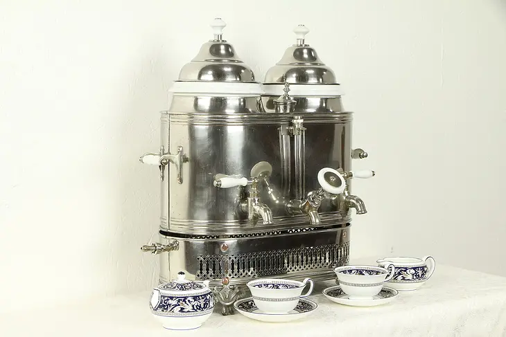 Nickel & Porcelain Antique Cafe Coffee & Hot Water Urn or Double Pot #32387