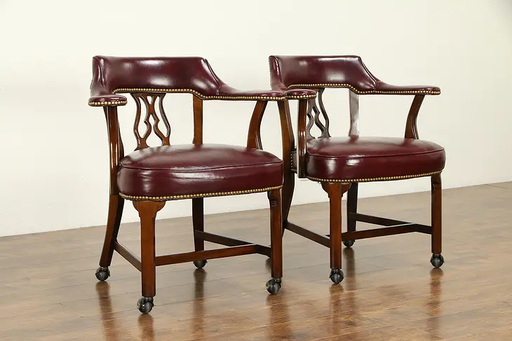 Pair Leather Vintage Rolling Game Table, Library, Office Chairs, Hickory #32430