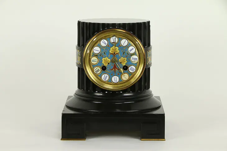 French Antique Pillar Mantel Clock, Black Marble, Cloisonne, Boye #32432