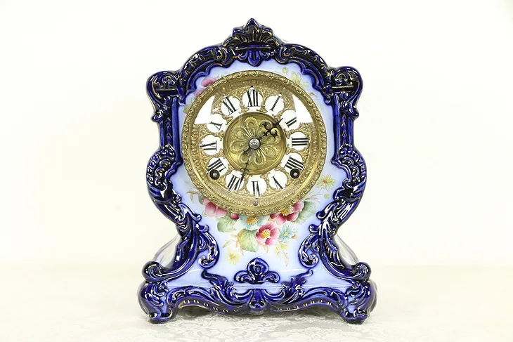 Victorian Cobalt Blue Porcelain Antique 1895 Hand Painted China Clock  #32526