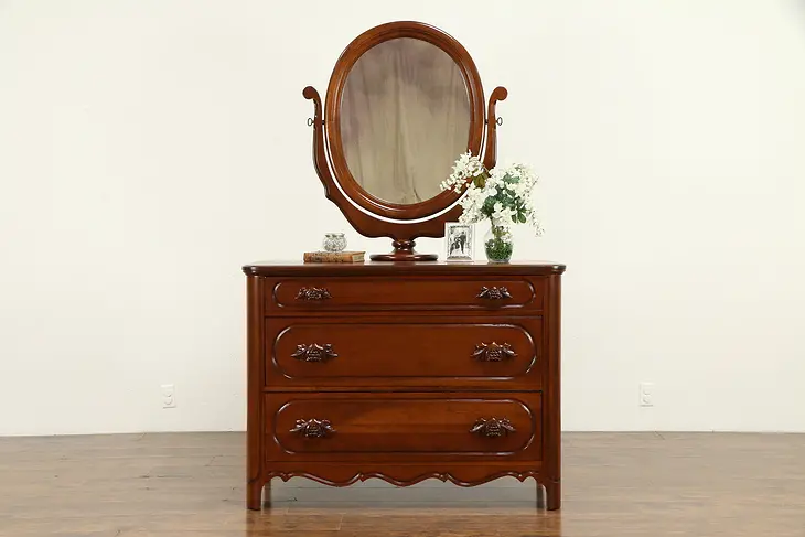 Cherry Vintage Chest or Dresser, Carved Pulls, Swivel Mirror, Davis #32597