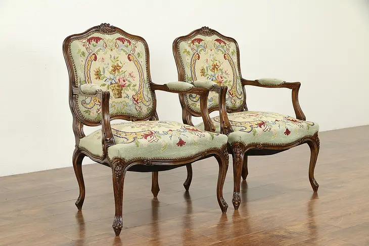 Pair of French Carved 1930's Vintage Chairs, Needlepoint Upholstery #32633