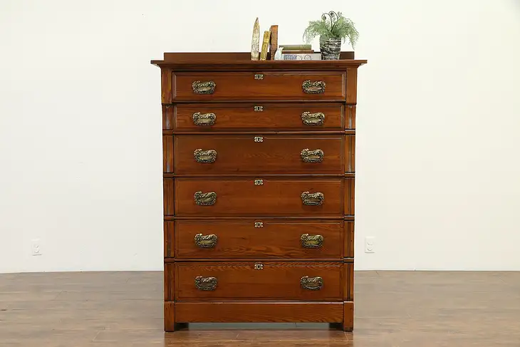 Victorian Antique Oak & Ash Tall 6 Drawer Chest, Original Pulls #32653