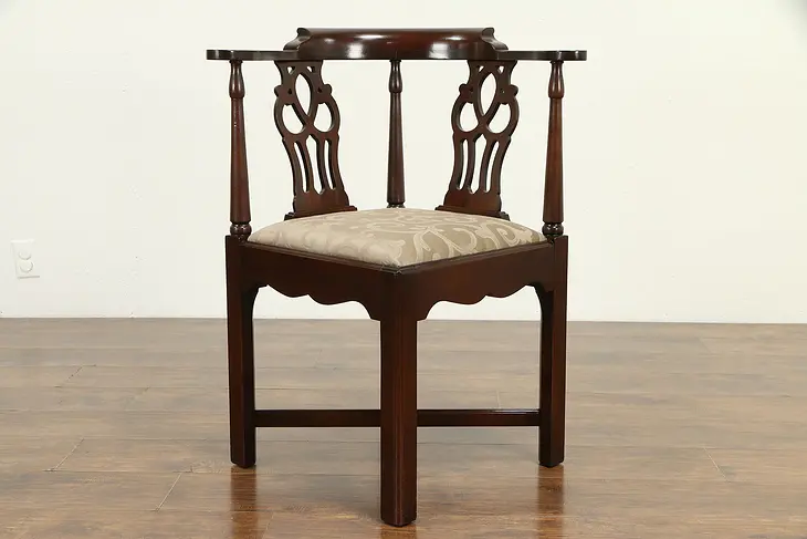 Georgian Style Vintage Mahogany Corner Chair, New Upholstery, Hickory #32680