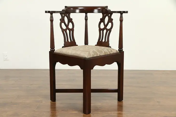 Georgian Style Vintage Mahogany Corner Chair, New Upholstery, Hickory #32680