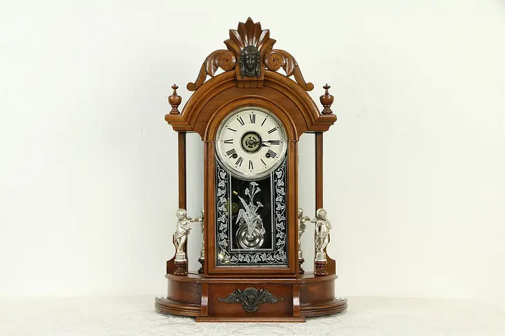 Victorian Antique Walnut Mantel Clock, Angel Statues, Ansonia NY #32685