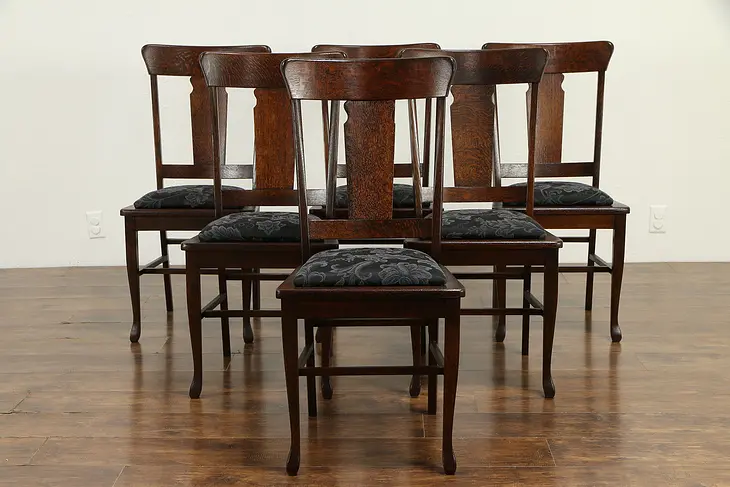 Set of 6 Antique Quarter Sawn Oak Dining Chairs, New Upholstery #32701