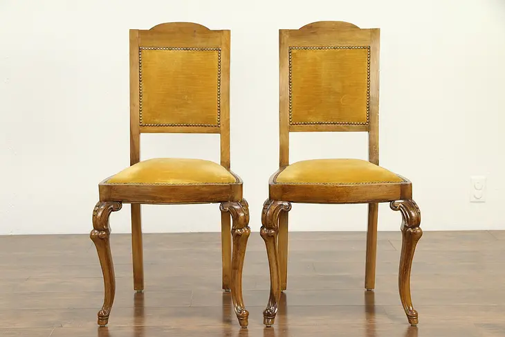 Pair of Italian Antique Carved Fruitwood Chairs, Old Velvet Upholstery #32729