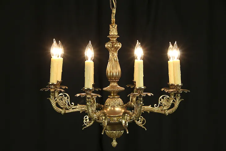 Embossed Dark Brass 8 Beeswax Candle Vintage Chandelier, Signed 1966 #32736