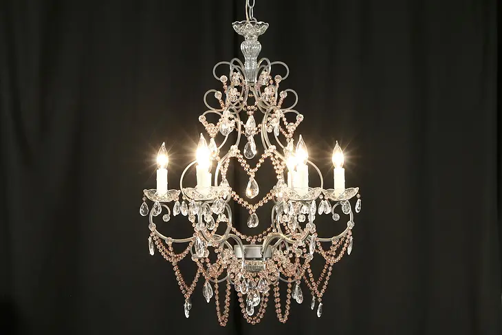 Wrought Iron Chandelier with 6 Candles, Rose Swags & Clear Prisms #32767