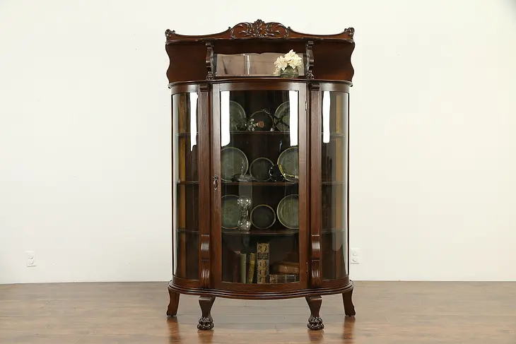 Oak Antique Curved Glass Curio or China Display Cabinet Carved Paw Feet #32772