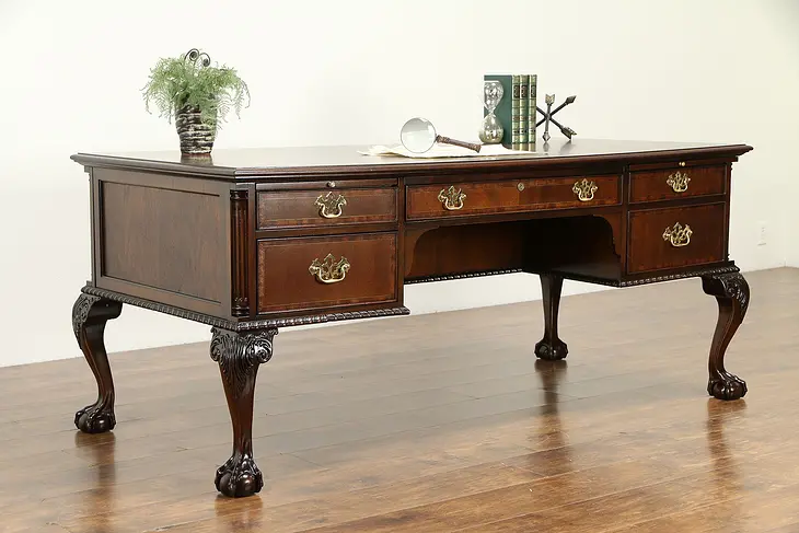 Traditional Georgian Design Carved Mahogany Vintage Library Desk Councill #32799