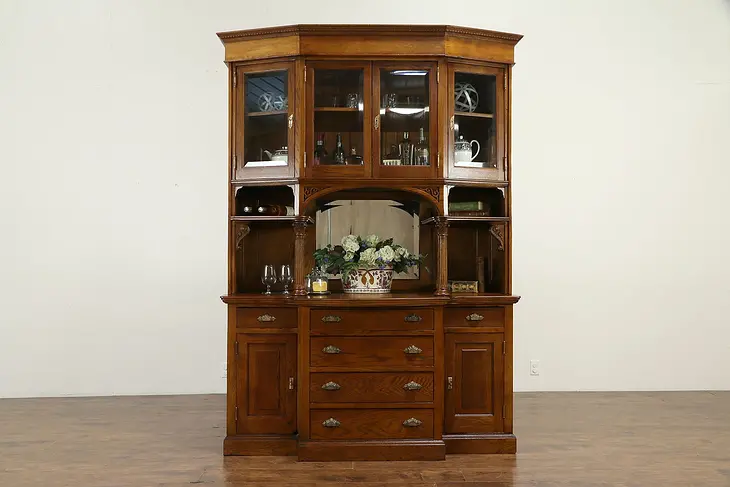Victorian Antique Oak China Cabinet or Pantry Cupboard, Beveled Glass #32949