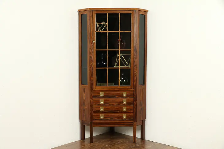 Midcentury Modern Vintage Rosewood Lighted Corner Cabinet, Signed Norway #32990