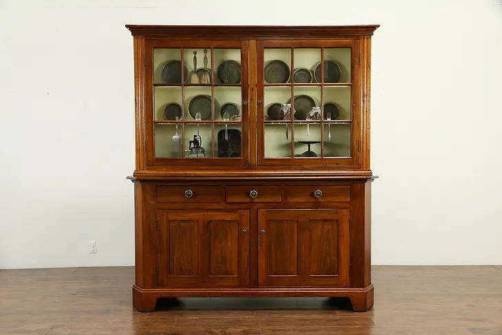 Walnut Antique 1840 Pantry Cupboard or China Cabinet, Wavy Glass  #33000