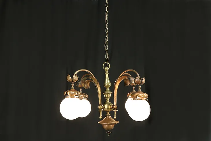 Art Nouveau Antique Brass & Copper Chandelier Light Fixture, Glass Globes #33006