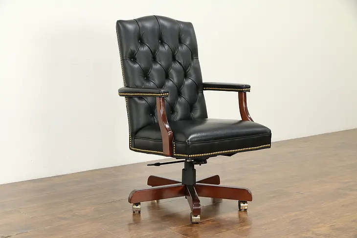 Tufted Charcoal Leather Vintage Swivel Adjustable Desk Chair, Jasper #33022