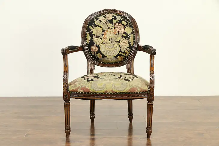 French Antique Louis XVI Style Chair, Black Needlepoint Upholstery #33073