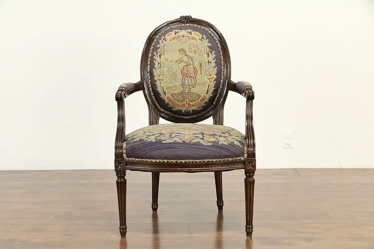 French Antique Louis XVI Style Chair Needlepoint & Petit Point Upholstery #33074